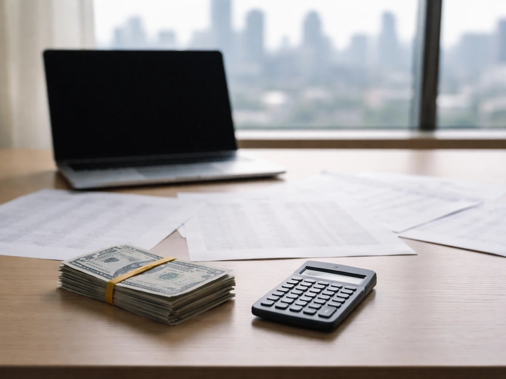 Minimal desk scene with money, calculator, and blurred paperwork suggesting conflicting financial numbers