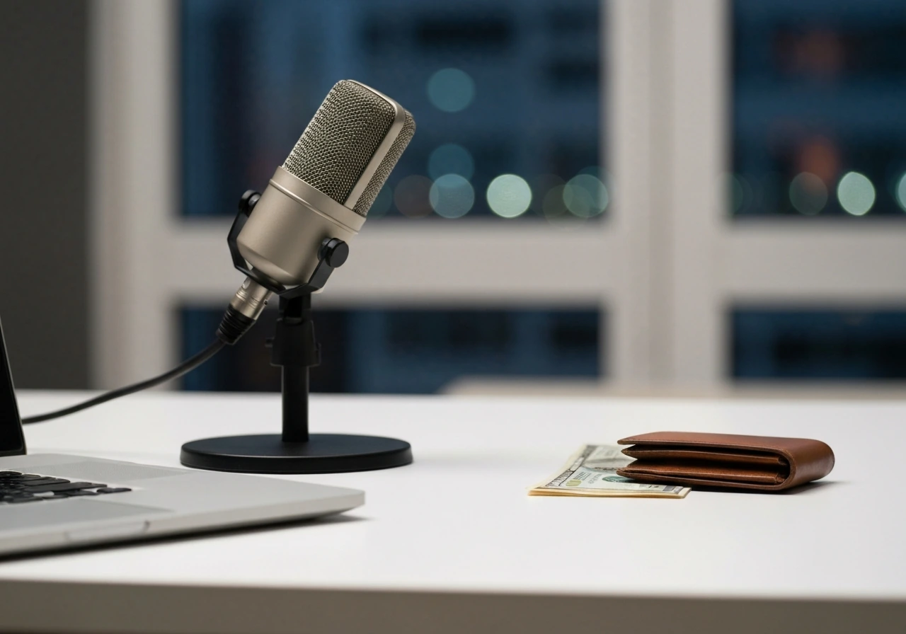 Minimal studio desk with a microphone, wallet and cash, blurred city light background—symbolic net-worth feel.
