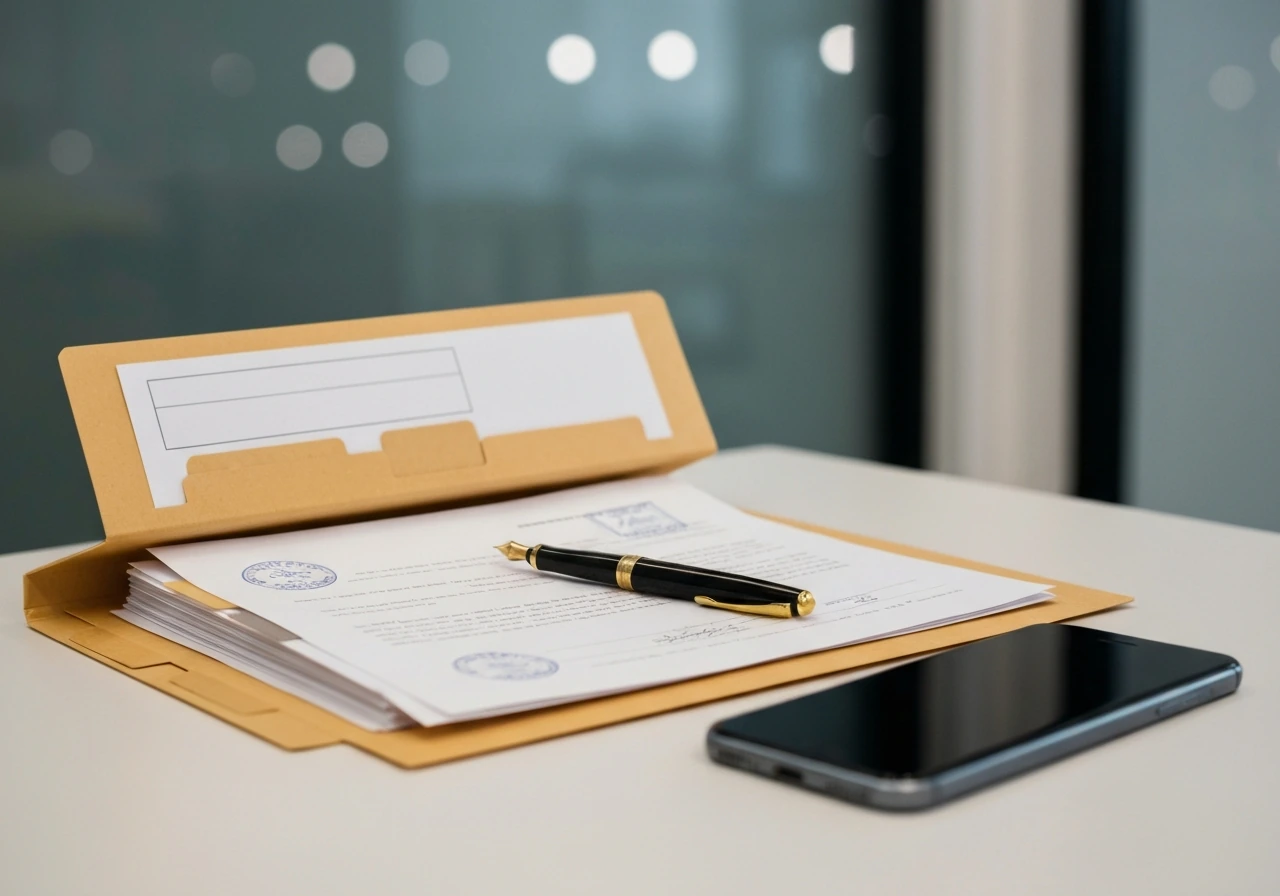 Close-up of a vintage media broadcast document folder beside a pen and smartphone in an office setting