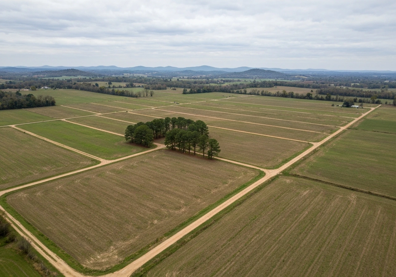 Aerial view of rural Georgia farmland with dirt paths and separated land plots, no people visible.