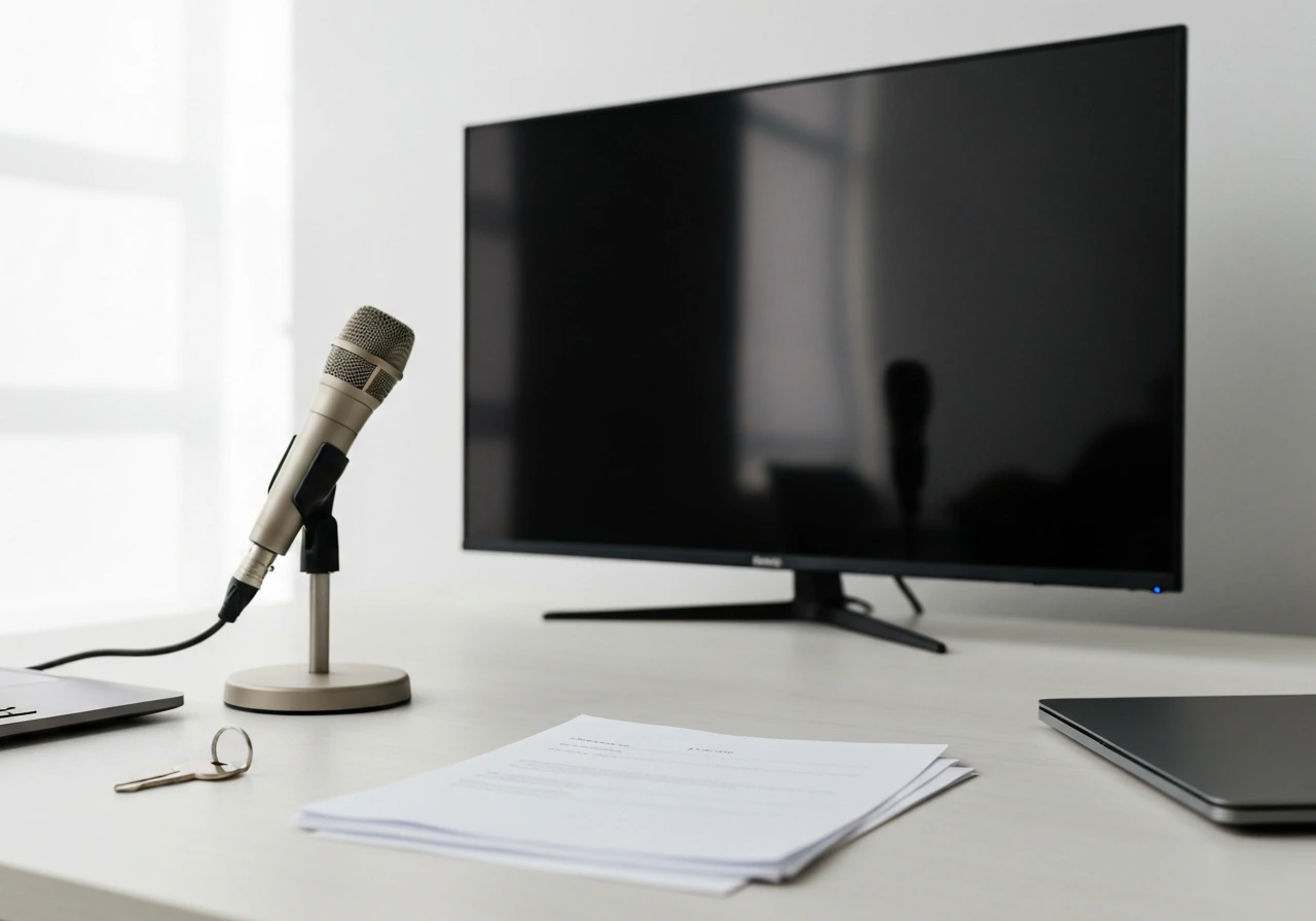 Minimal studio desk scene with a microphone and TV monitor turned off, symbolizing media ownership