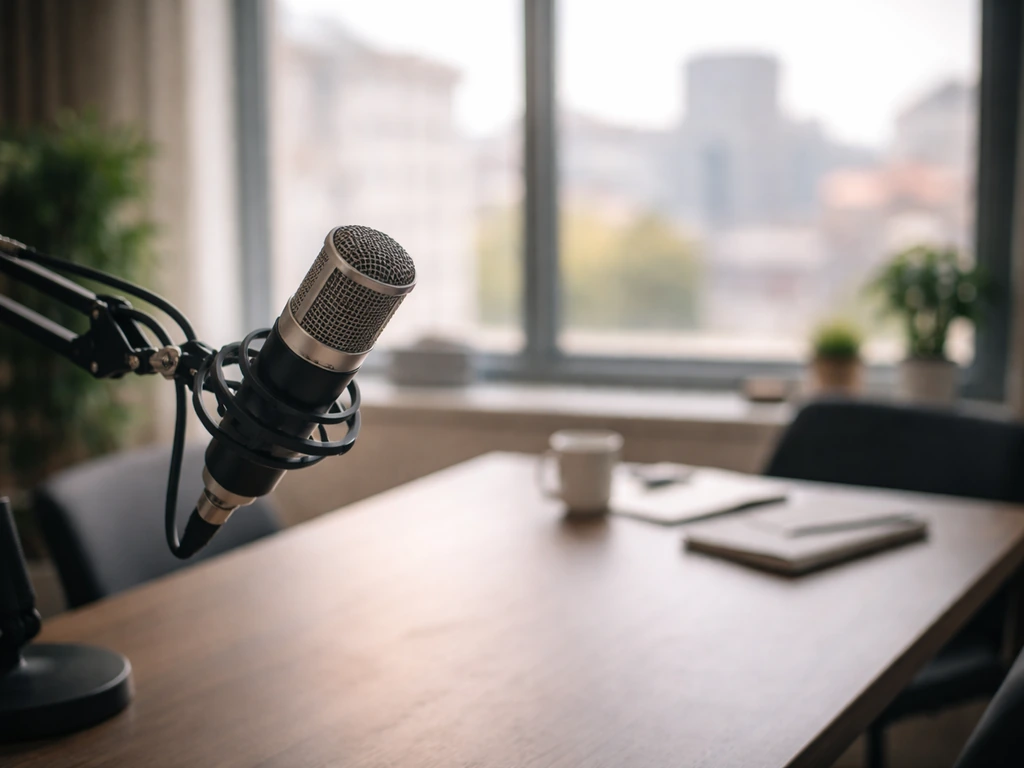 Minimal studio scene with a microphone and soft lighting symbolizing media and public-profile analysis.