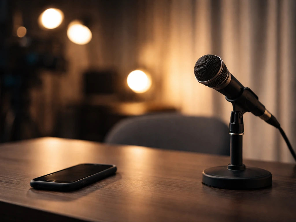 Evening studio scene with a microphone and smartphone on a desk, symbolizing reality TV fame and public profile.