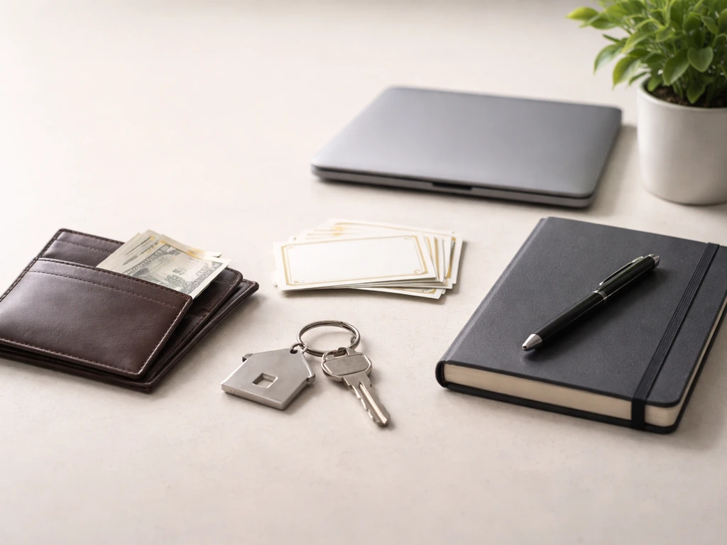 Minimal tabletop with wallet cash, blank investment cards, keys, and laptop suggesting income and assets
