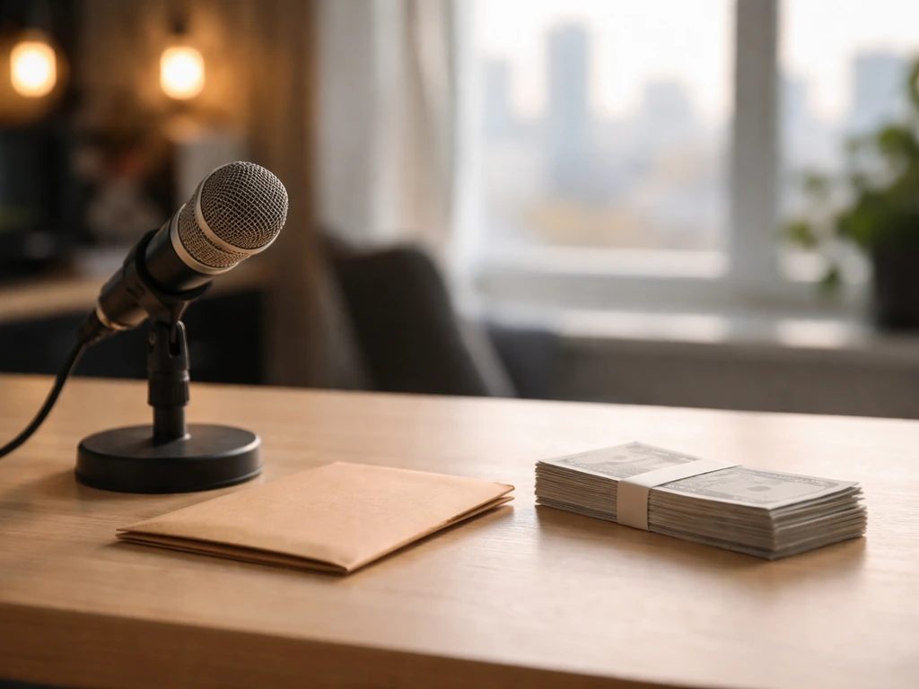 Minimal media and money-themed desk scene with microphone and envelope, symbolizing vasili's garden net worth.