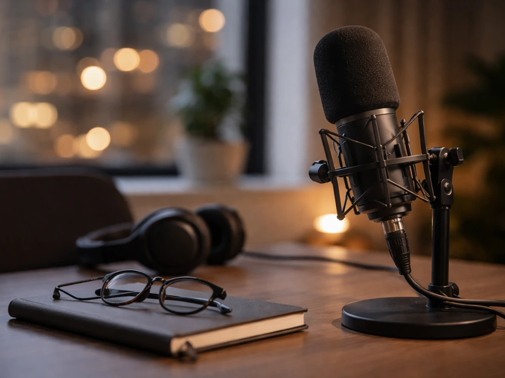 Unbranded studio microphone on a desk with city lights outside, symbolizing media and wealth.