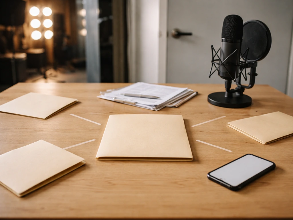Minimal media office desk with microphone and blank folders suggesting multiple revenue streams converging