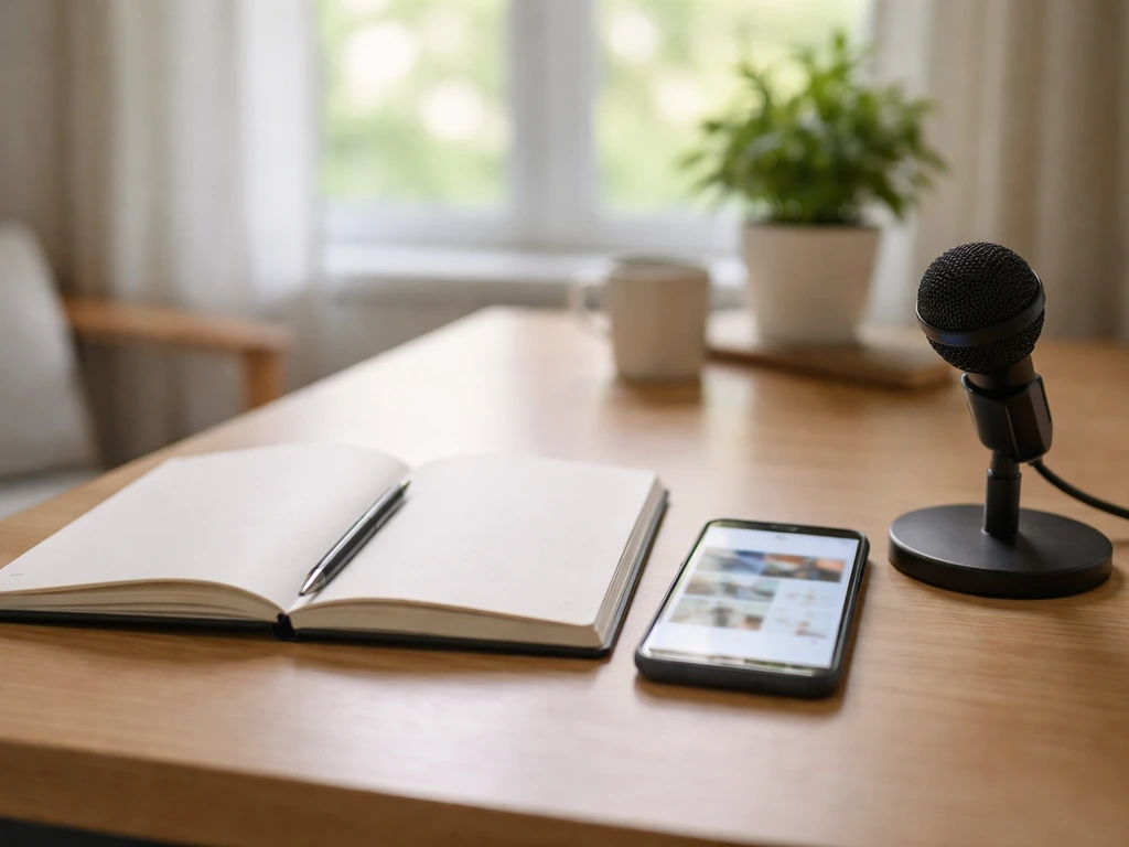 Minimal home-office desk with phone and microphone, softly lit by daylight, no text or charts.