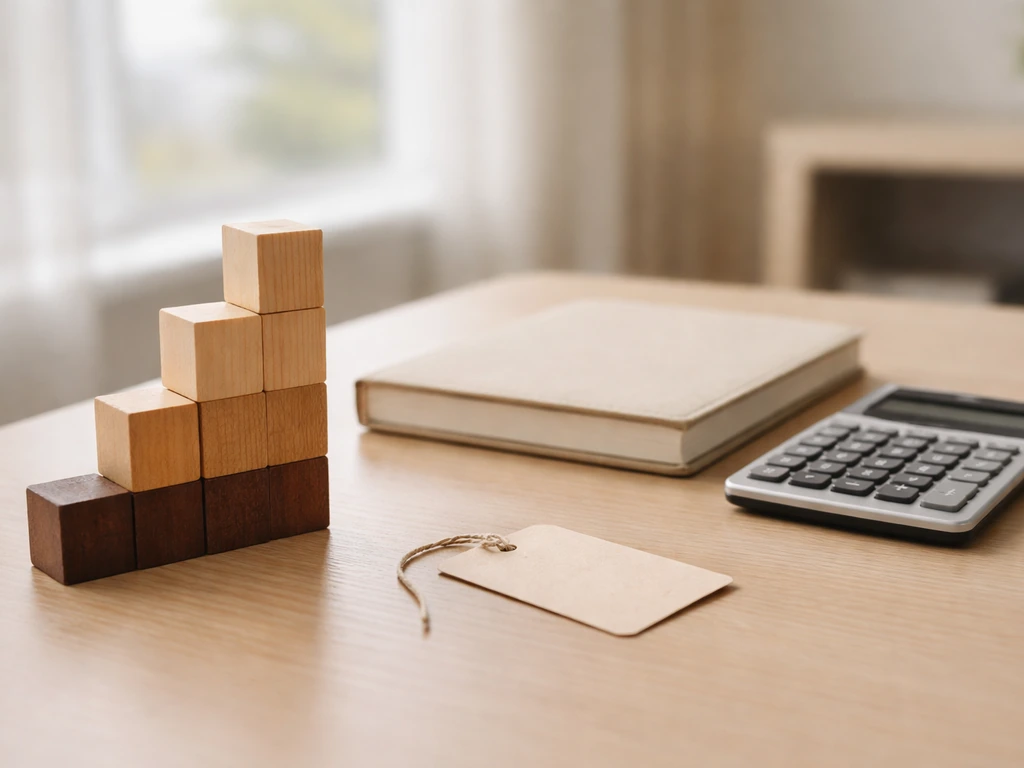 Wooden block ladder from low to high beside a blank ledger and calculator on a bright office desk.