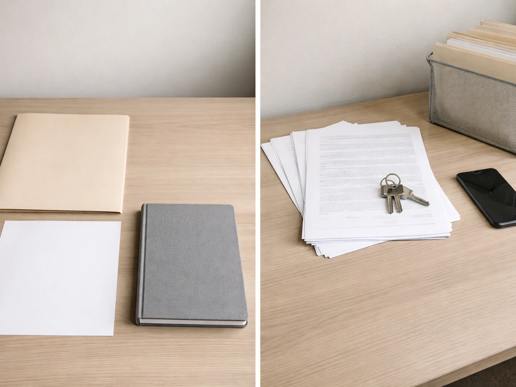 Minimal split-screen photo showing blank probate papers concept on one side and public property records on the other