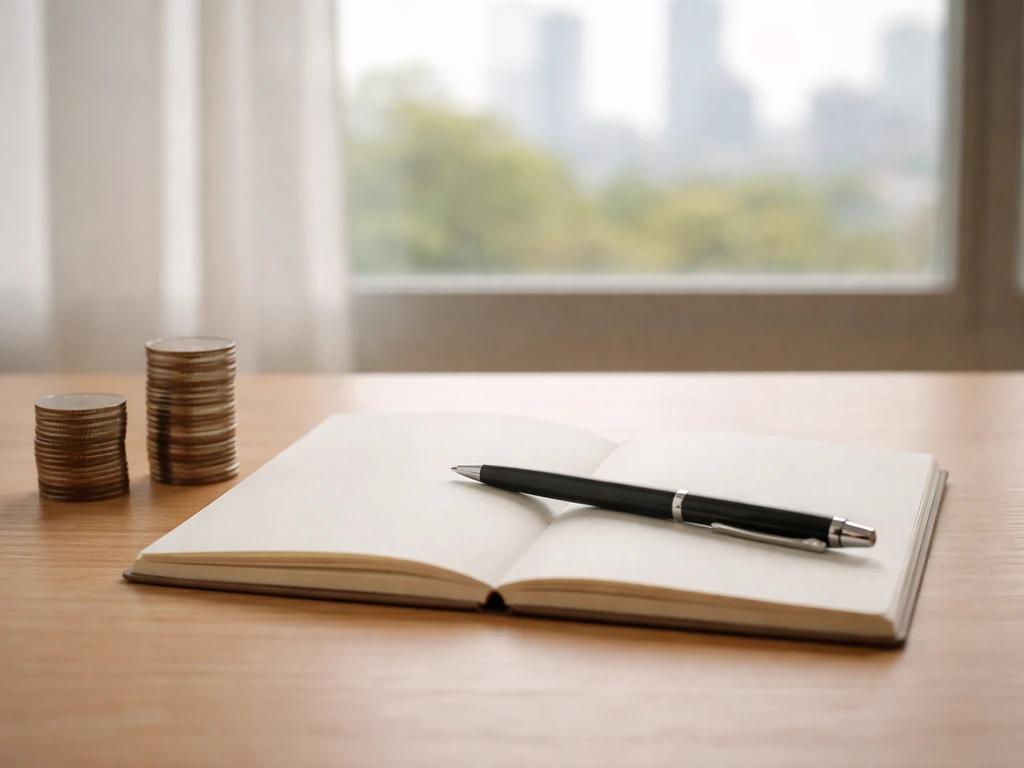 Minimal desk scene with a notebook and coins, symbolizing estimated and unknown income streams