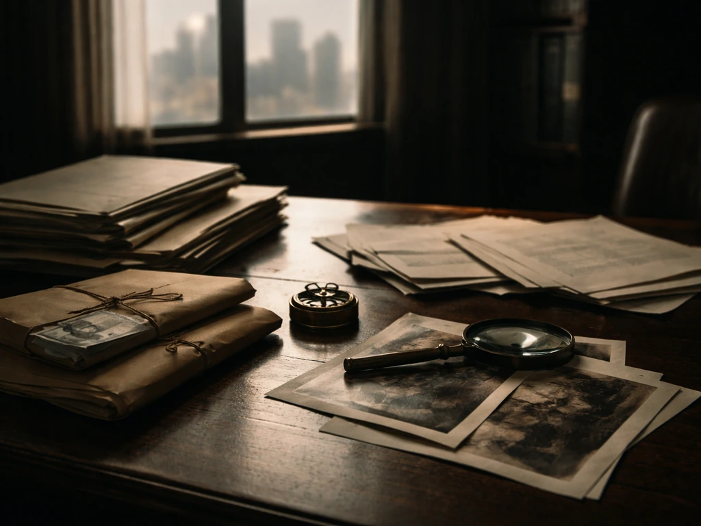 Moody desk scene with cash envelopes, antique photo prints, and legal papers suggesting a wealth investigation.