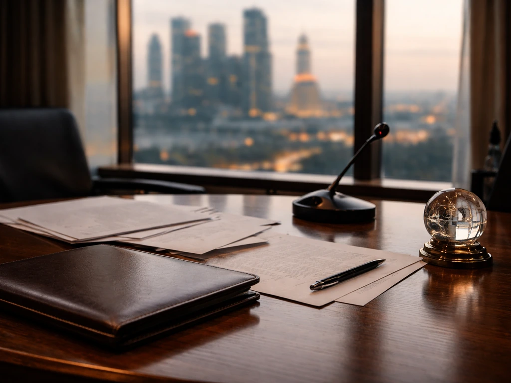 Moscow business office desk with documents, a desktop microphone, and a muted city view through a window