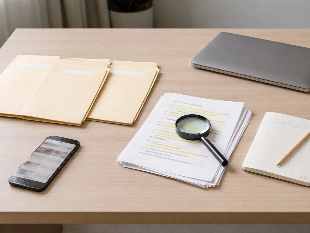 Minimal desk scene with manila folders, a notepad, and a smartphone showing no text, suggesting source verification chec