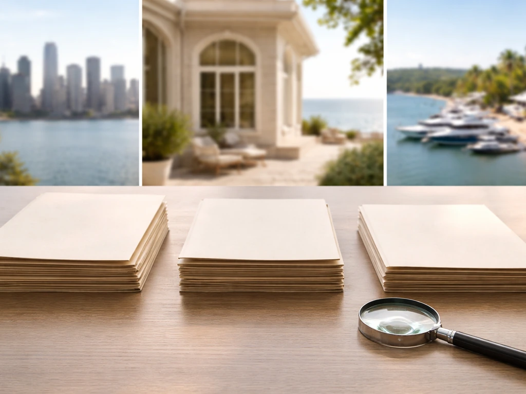 Minimal tabletop with blank property folders and magnifying glass beside skyline and waterfront cues.