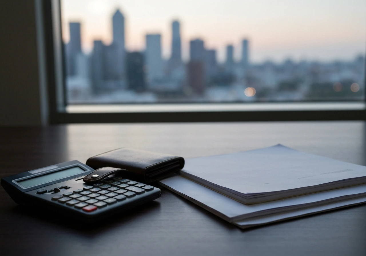 Close-up of a leather wallet beside a calculator and documents with a softly blurred city skyline at dusk.