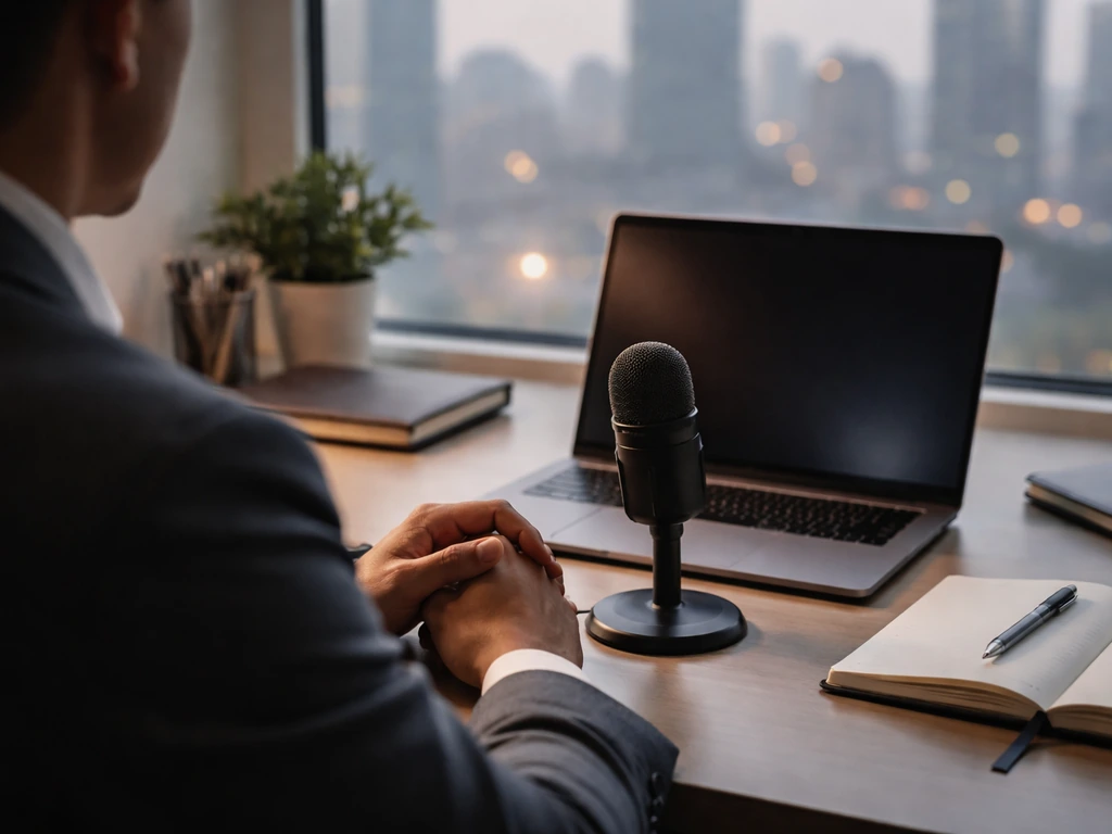 Anonymous finance desk scene with microphone and laptop glow in a modern office, skyline through window
