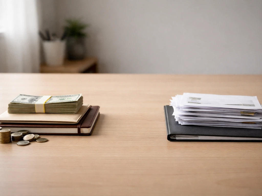 Simple tabletop scene showing assets and debts separated in two piles, suggesting net worth as assets minus liabilities.