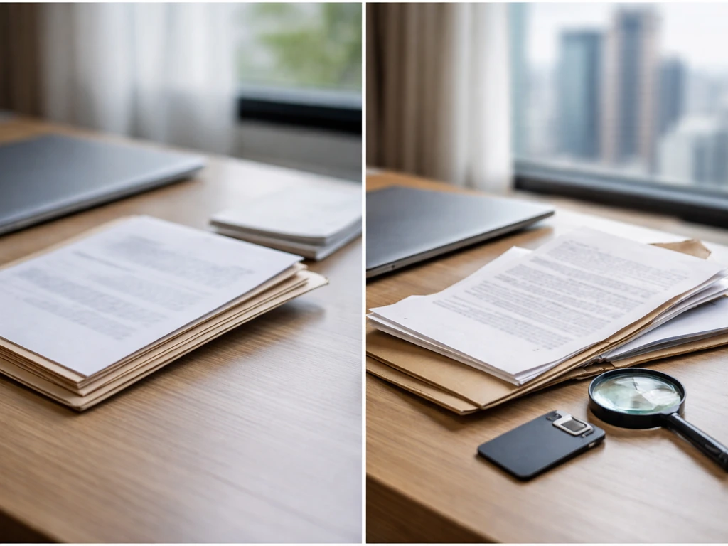 Minimal split-screen style photo showing two contrasting property-asset documentation scenes on a desk