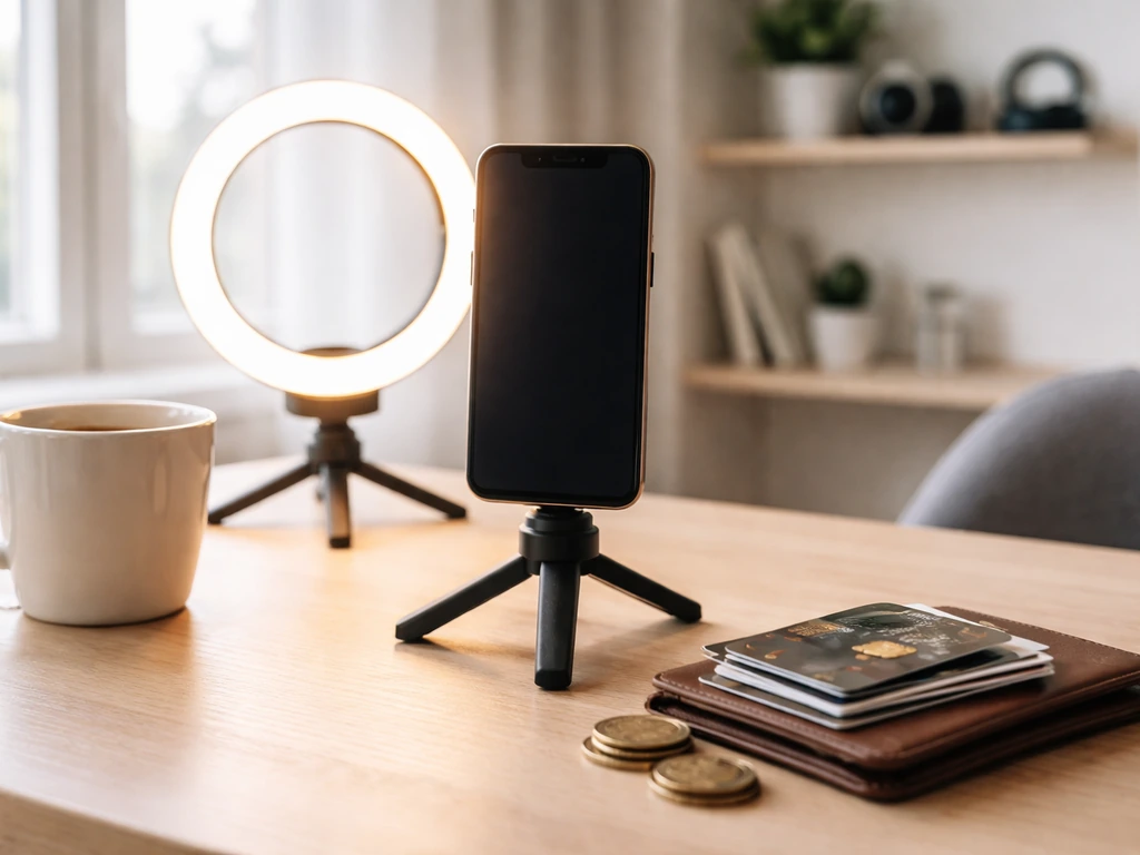 Home studio desk with a smartphone on a tripod, ring light, and money-related items symbolizing influencer wealth.