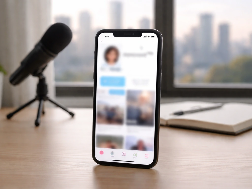 Smartphone on a desk showing blurred social media profiles, with a microphone and city view in the background.