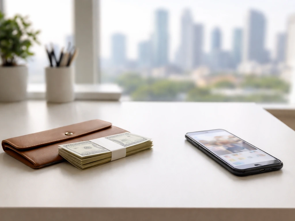 Minimal office desk with smartphone showing a generic media thumbnail, cash envelope, and a simple confidence vibe