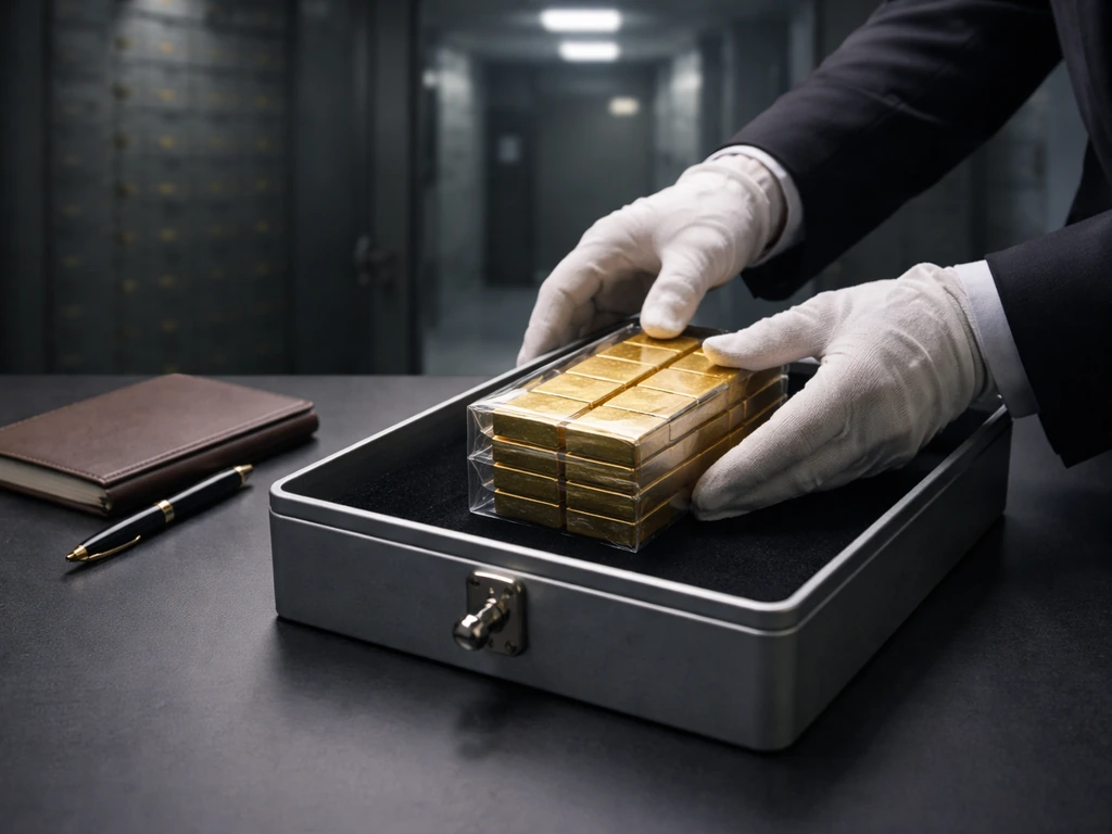 Minimal desk scene with gold bars and a notebook, suggesting bullion investing and wealth analysis