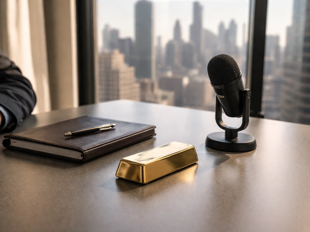 A minimalist NYC office desk with a gold bullion bar and a recording microphone, symbolizing investor work.
