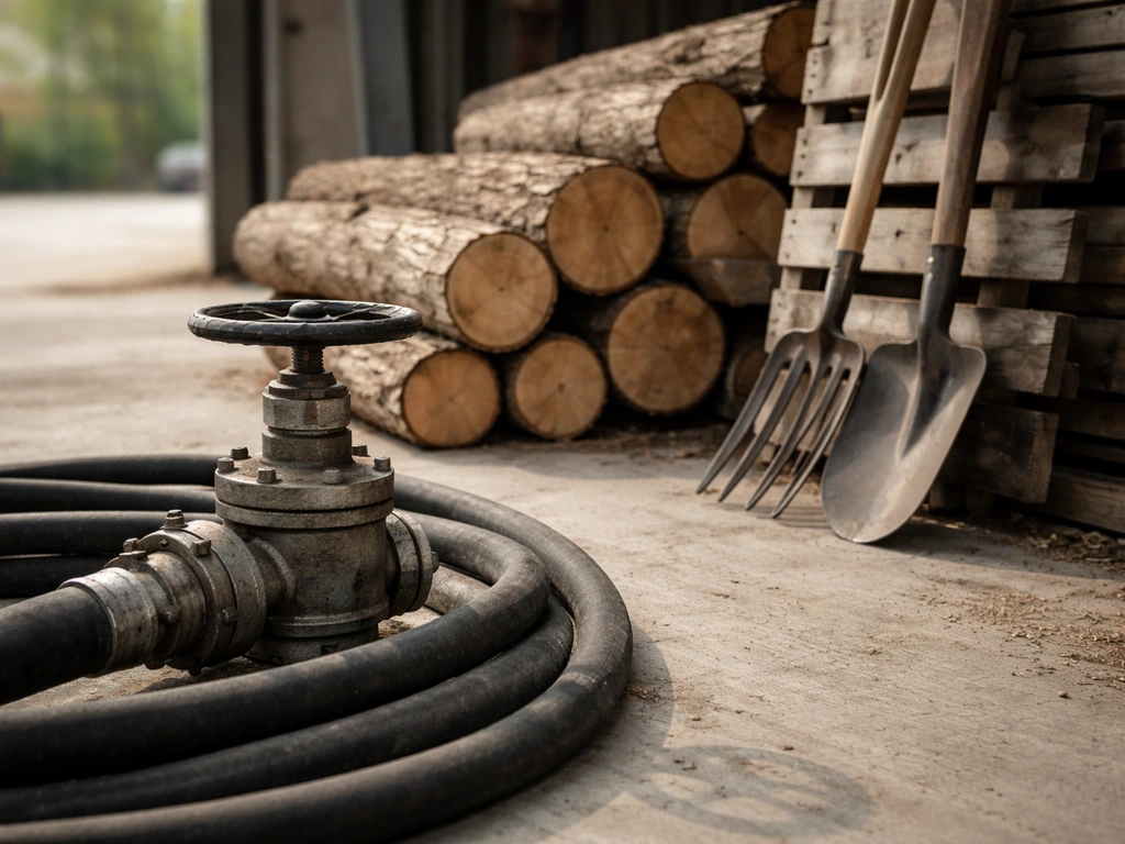 Minimal photo of industrial oil equipment, stacked timber, and farming tools symbolizing a hard-asset portfolio