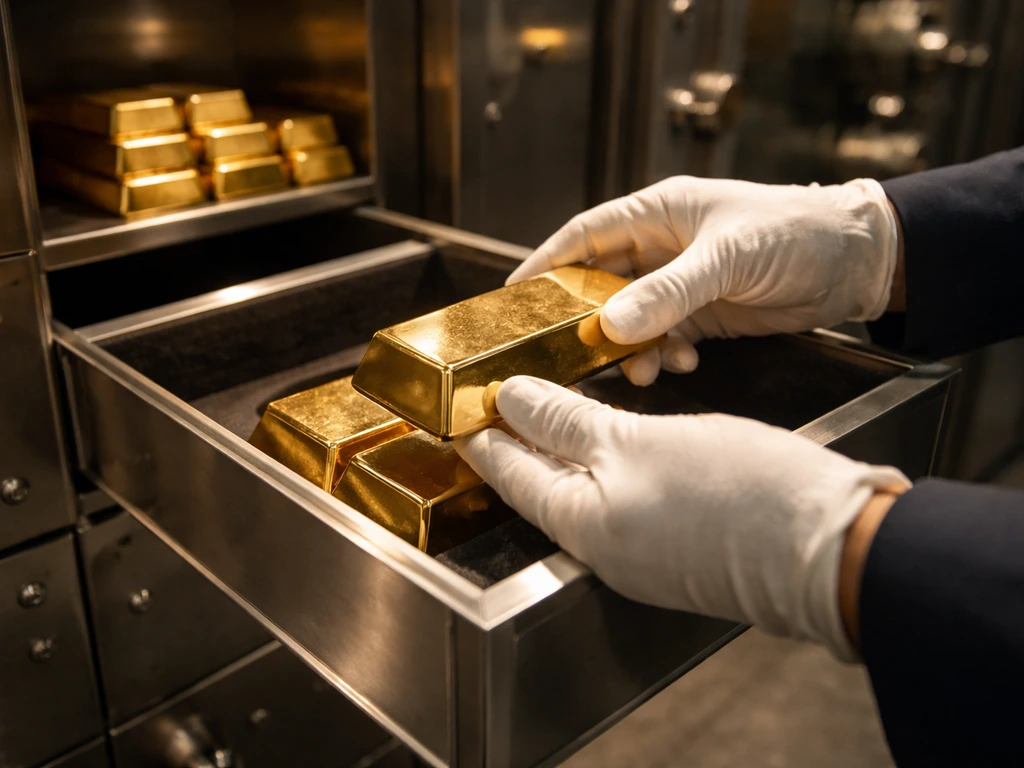 Gloved hands placing a gold bar into a secure vault drawer with bars neatly stacked inside