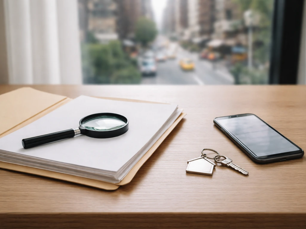 Desk with magnifying glass and documents, suggesting verifying property and public records.