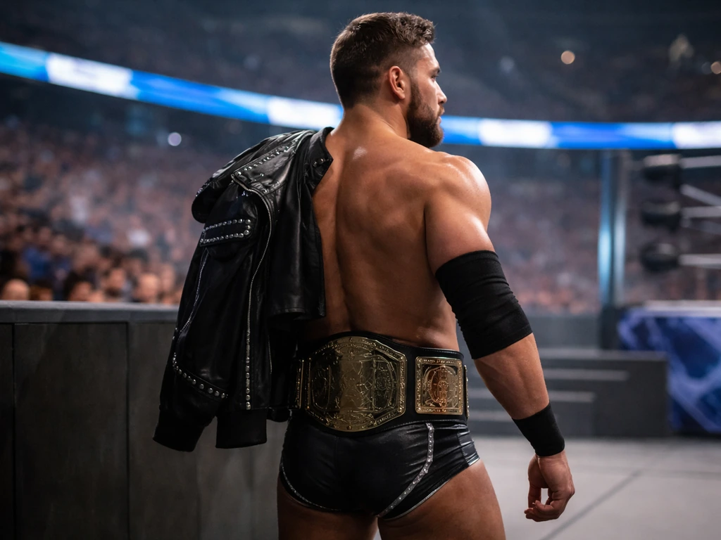 Anonymous wrestler in dark gear with a belt near a WWE-like arena ramp, blurred branding cues in background.