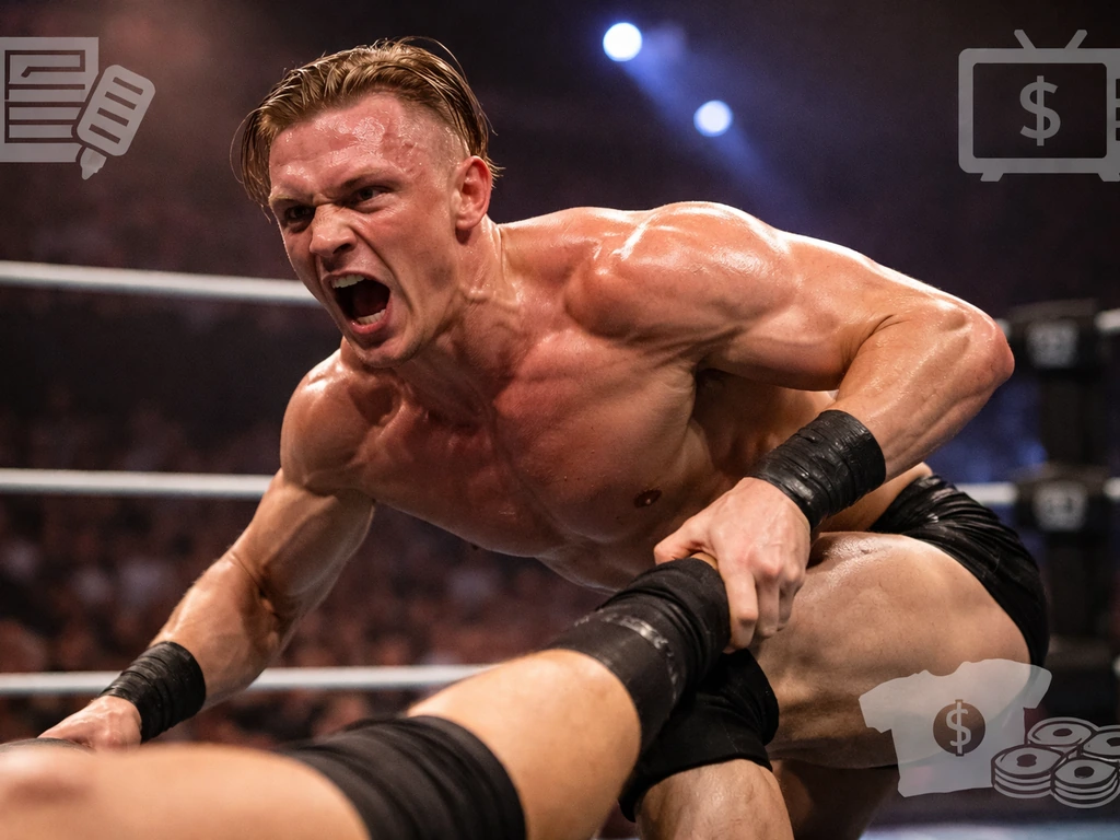 Ilja Dragunov in a wrestling ring mid-match, focused and intense, blurred crowd lights in the background.