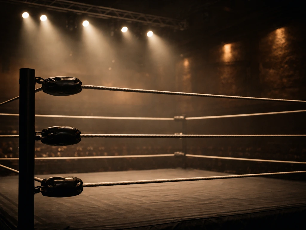 Empty European wrestling arena with dramatic lighting and ring ropes, evoking an independent promotion history