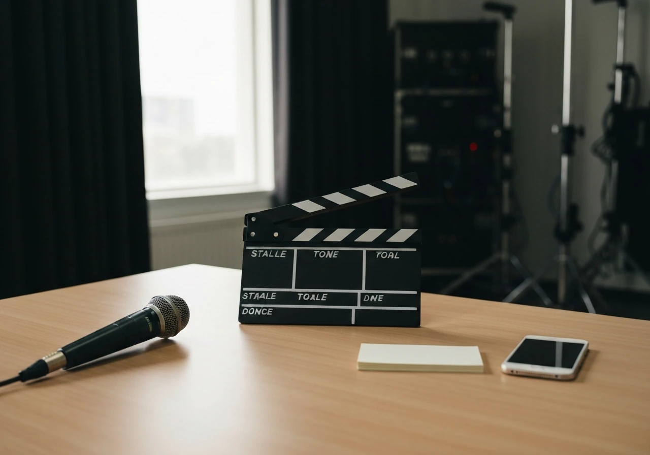 Minimal studio desk with a film clapboard and coffee cup, suggesting media and financial analysis