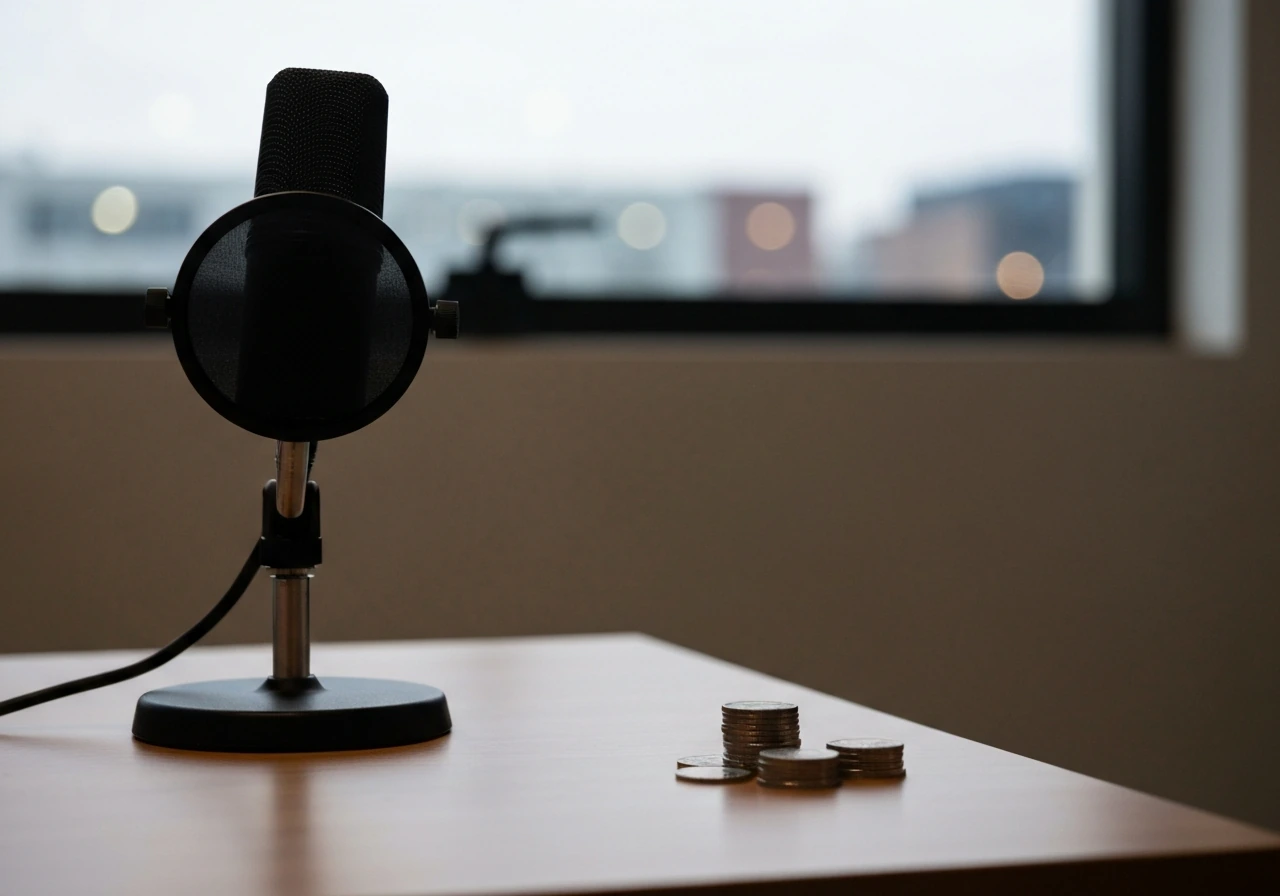 Minimal photo of a studio desk with a microphone and scattered coins, symbolizing media wealth range.