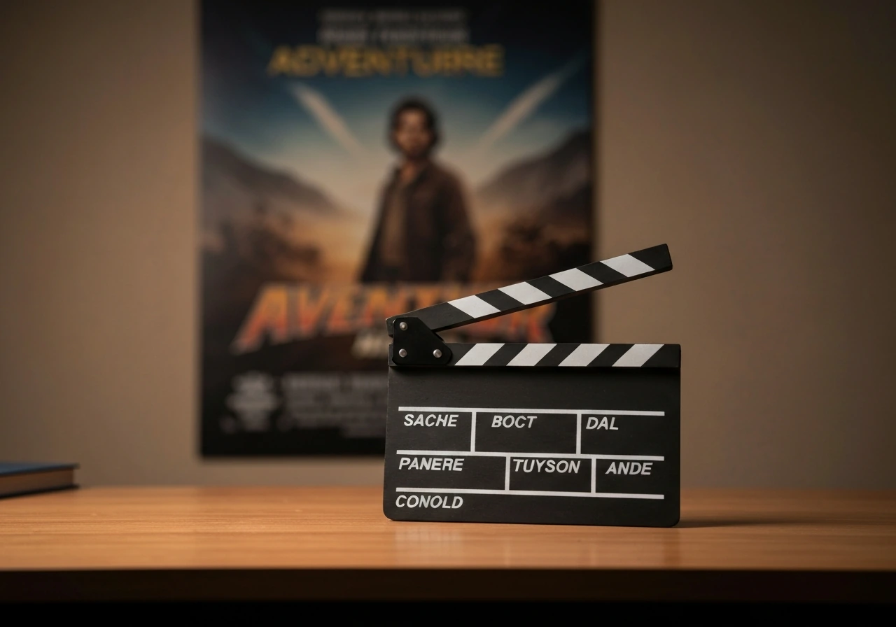 Vintage clapperboard beside a blurred 1990s adventure movie poster backdrop in a quiet studio setting.