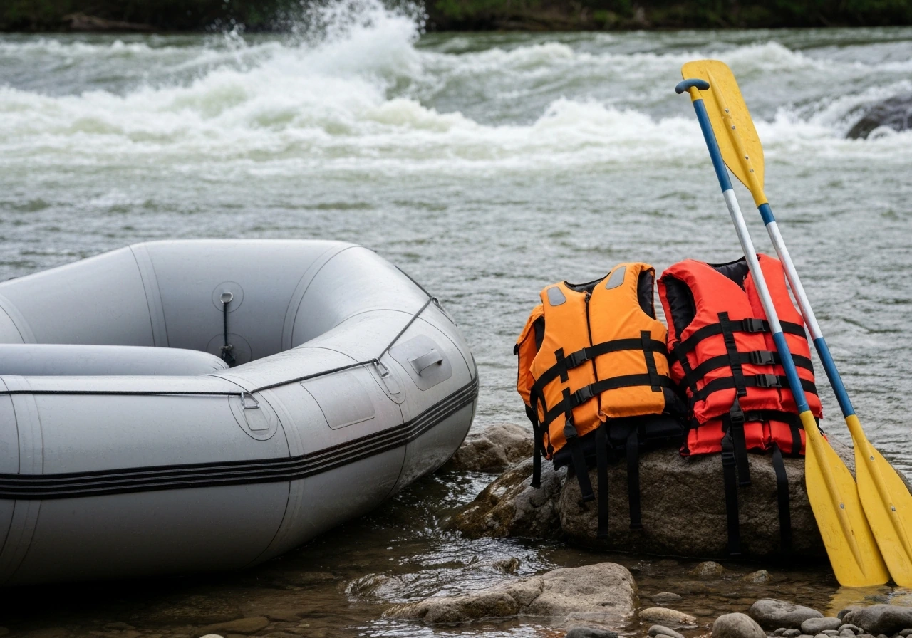 Life jackets and rafting oars beside a raft with foamy river rapids in the background, no people visible.