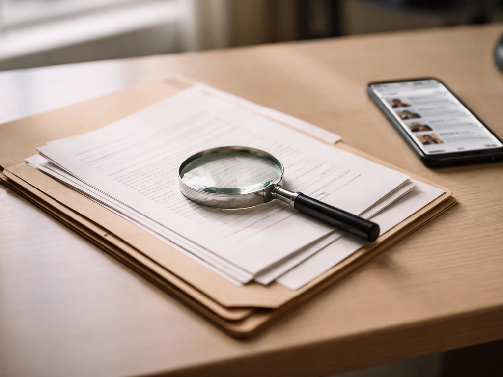 Desk with open documents, a phone with blurred results, and a magnifying glass verifying records.