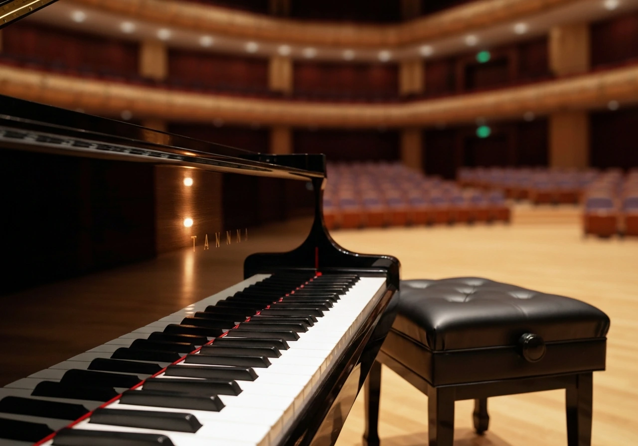 Empty concert-hall scene with a black grand piano and open keys, warm reflections and minimal background.