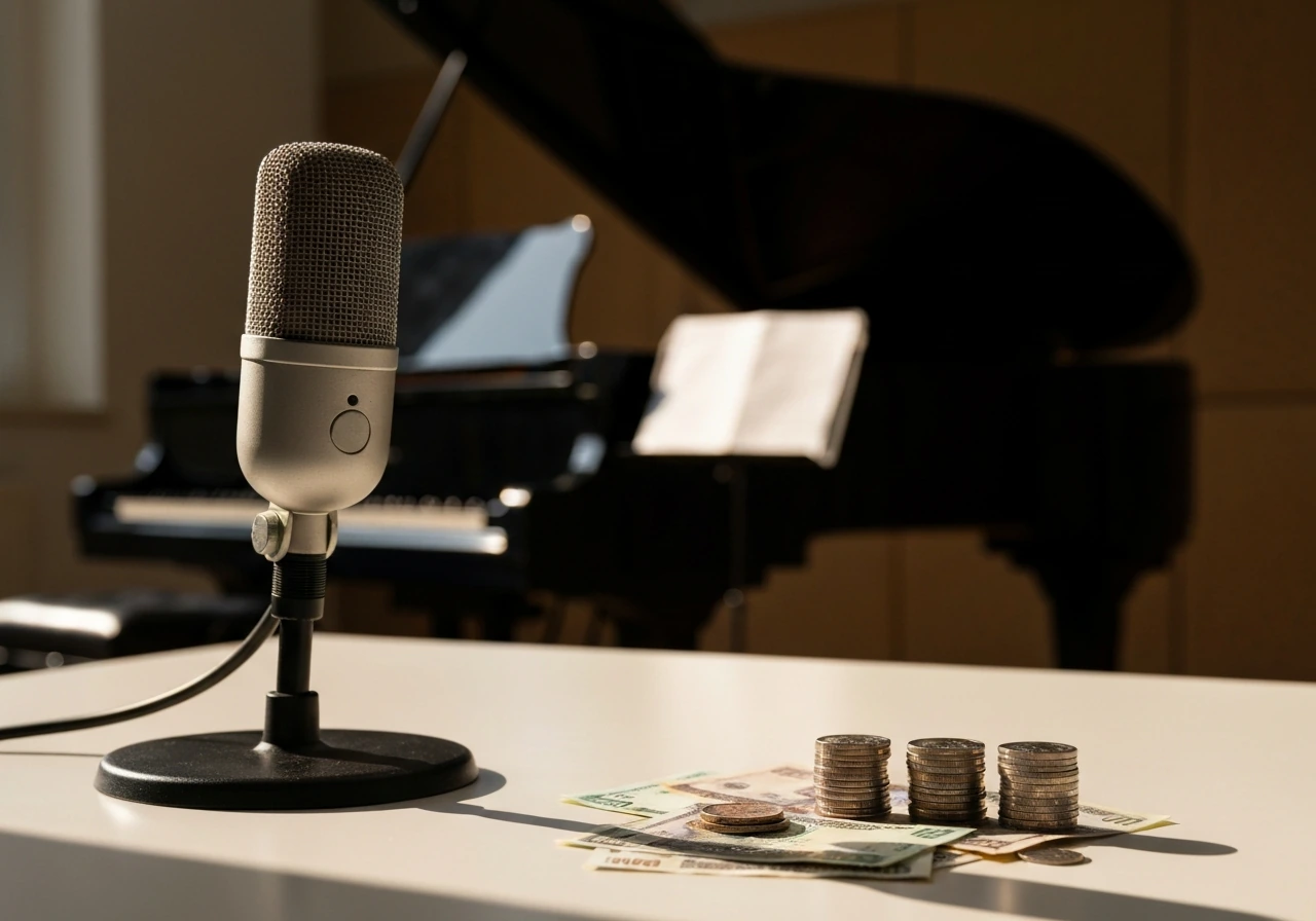 Close-up of a studio microphone beside scattered cash and a notebook, symbolizing a net-worth range