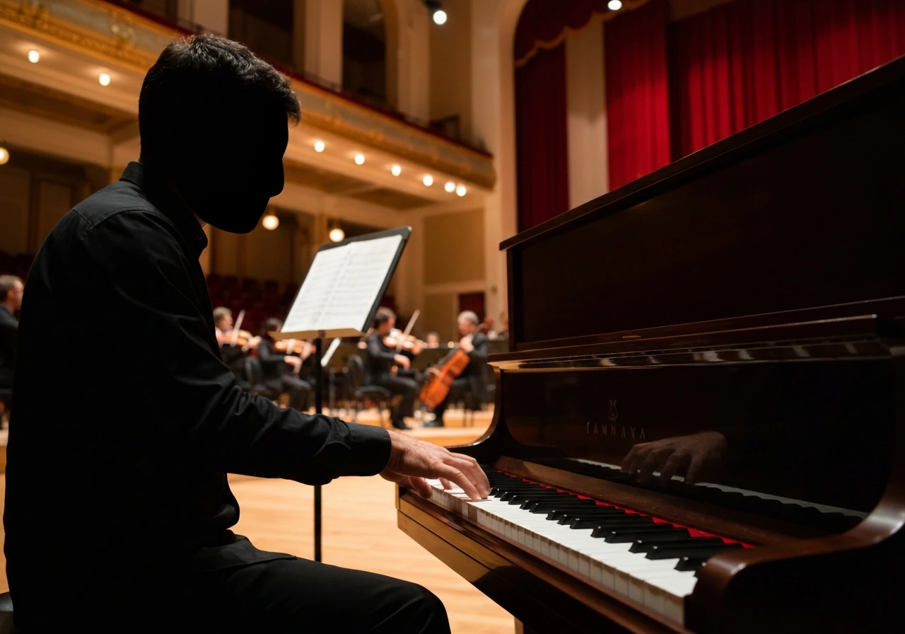 Anonymous pianist playing on stage with a blurred orchestra in a formal concert hall.
