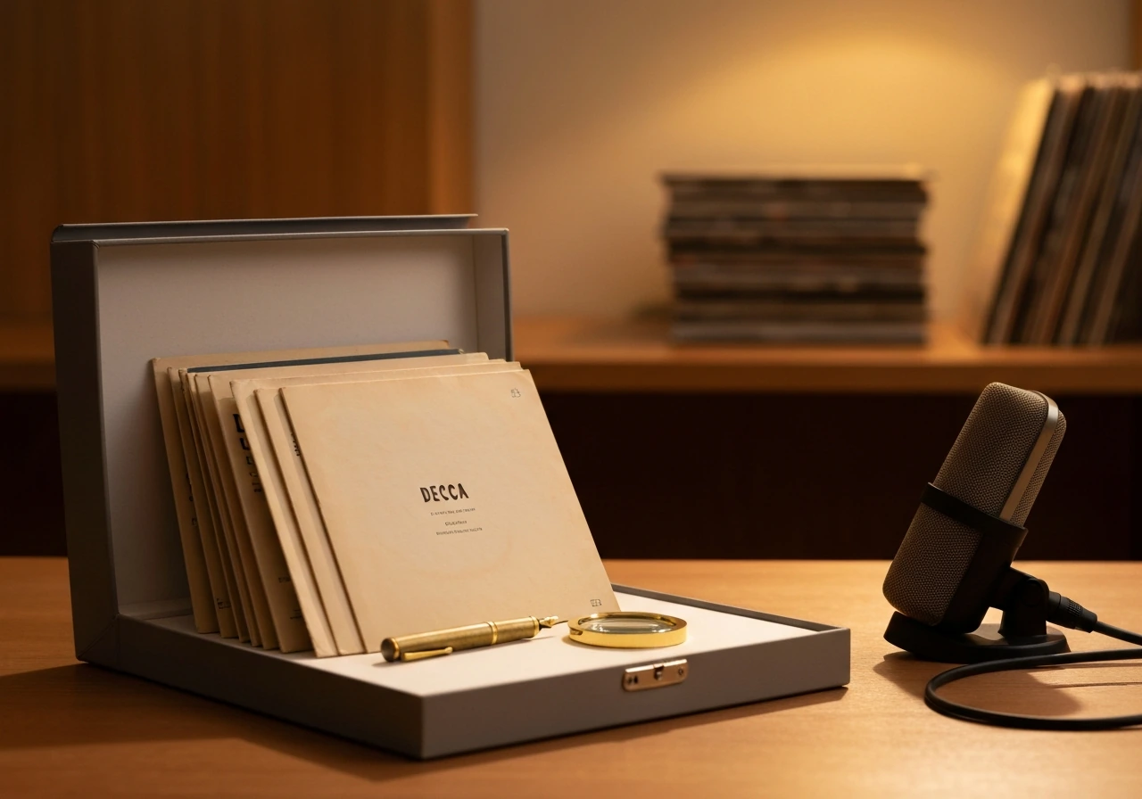 Minimal desk scene with vintage record sleeves and a microphone, symbolizing recording catalog and royalties