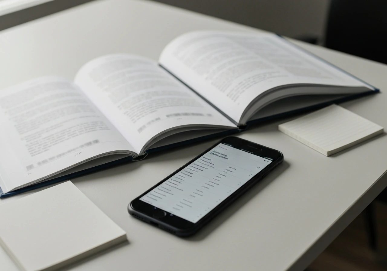 Desk scene with open reference books and a smartphone showing an unreadable media list for self-verification.