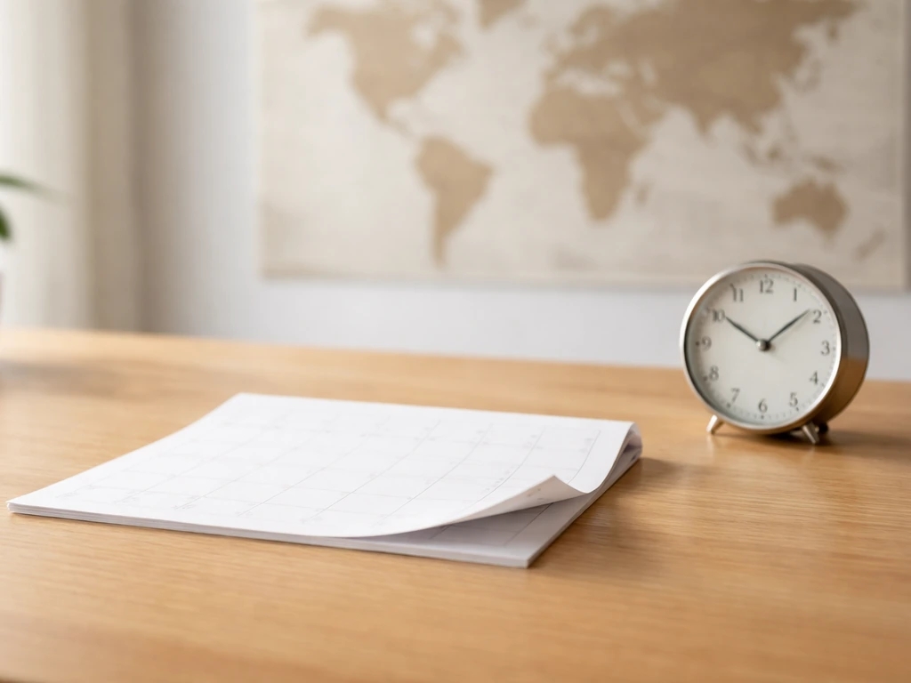 Minimal desk photo with a calendar and small clock, with a blurred world map backdrop.