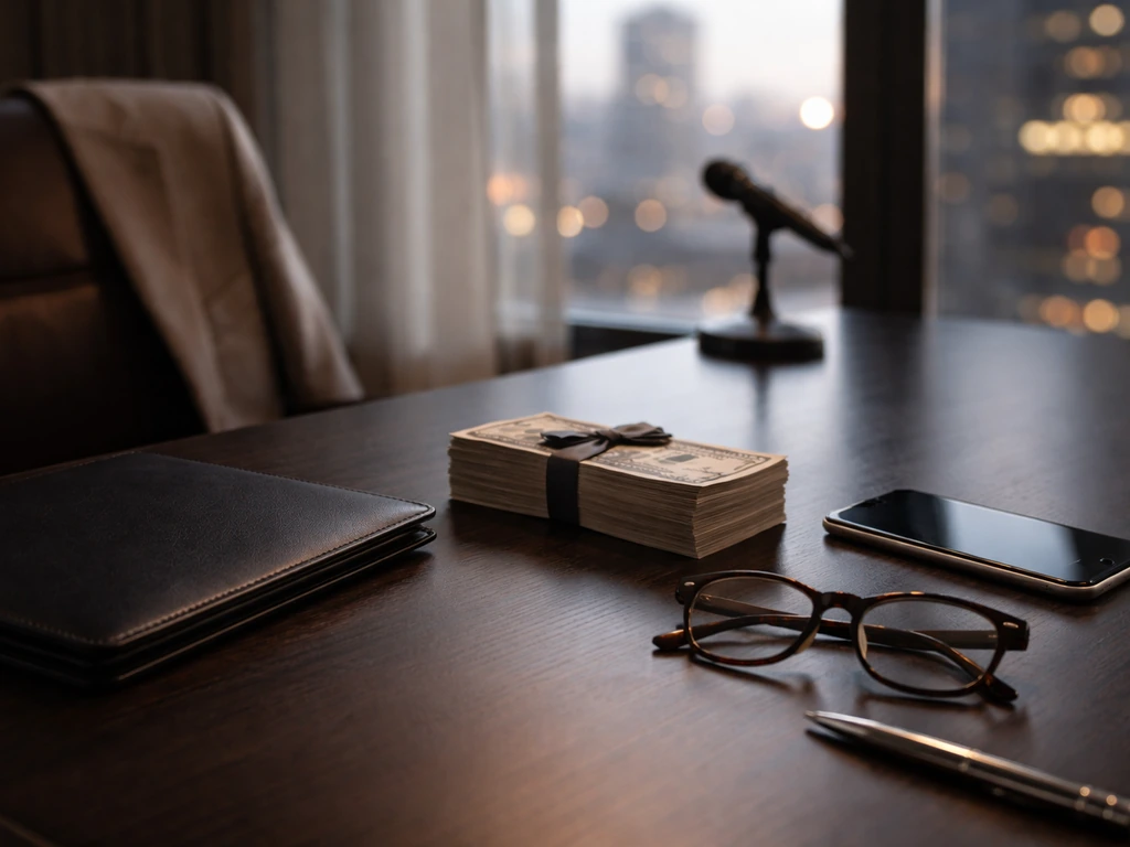 Minimal luxury office desk with money stack, microphone stand blur, and evening city lights through a window.