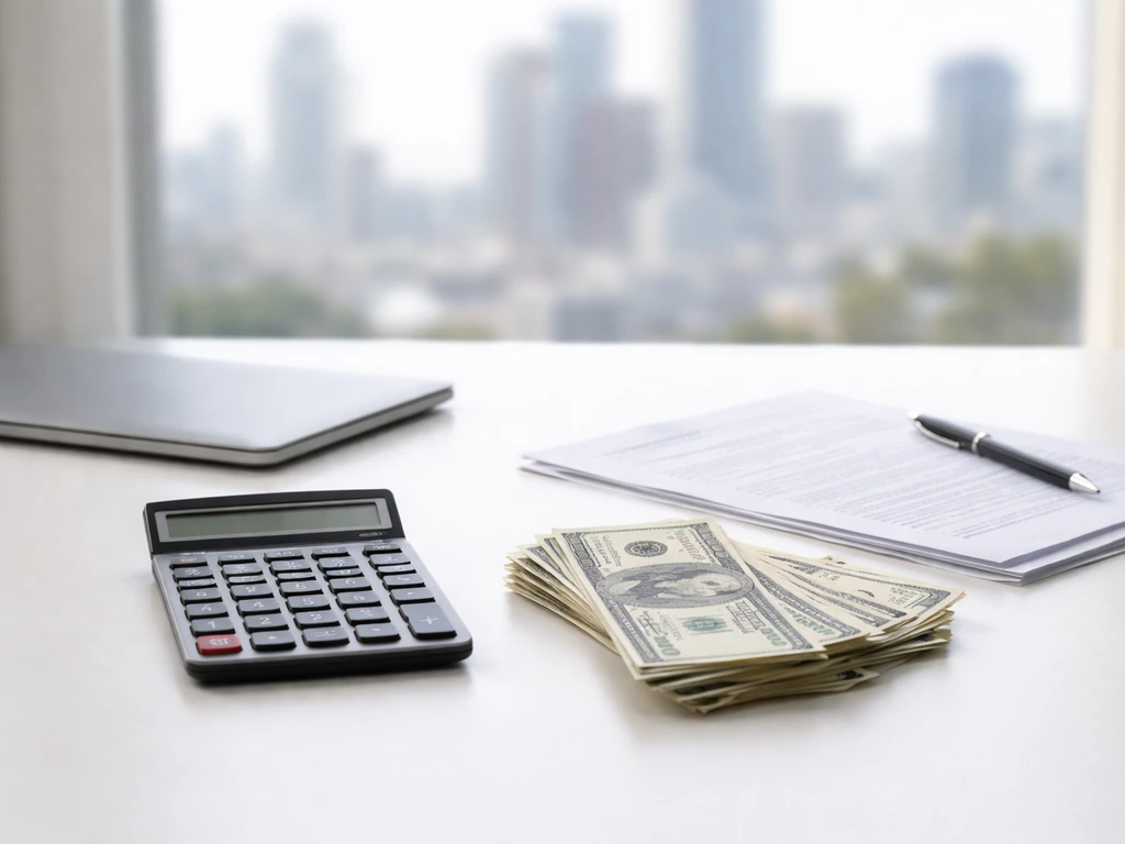 Minimal office desk with a calculator and cash, symbolizing a wide net worth range