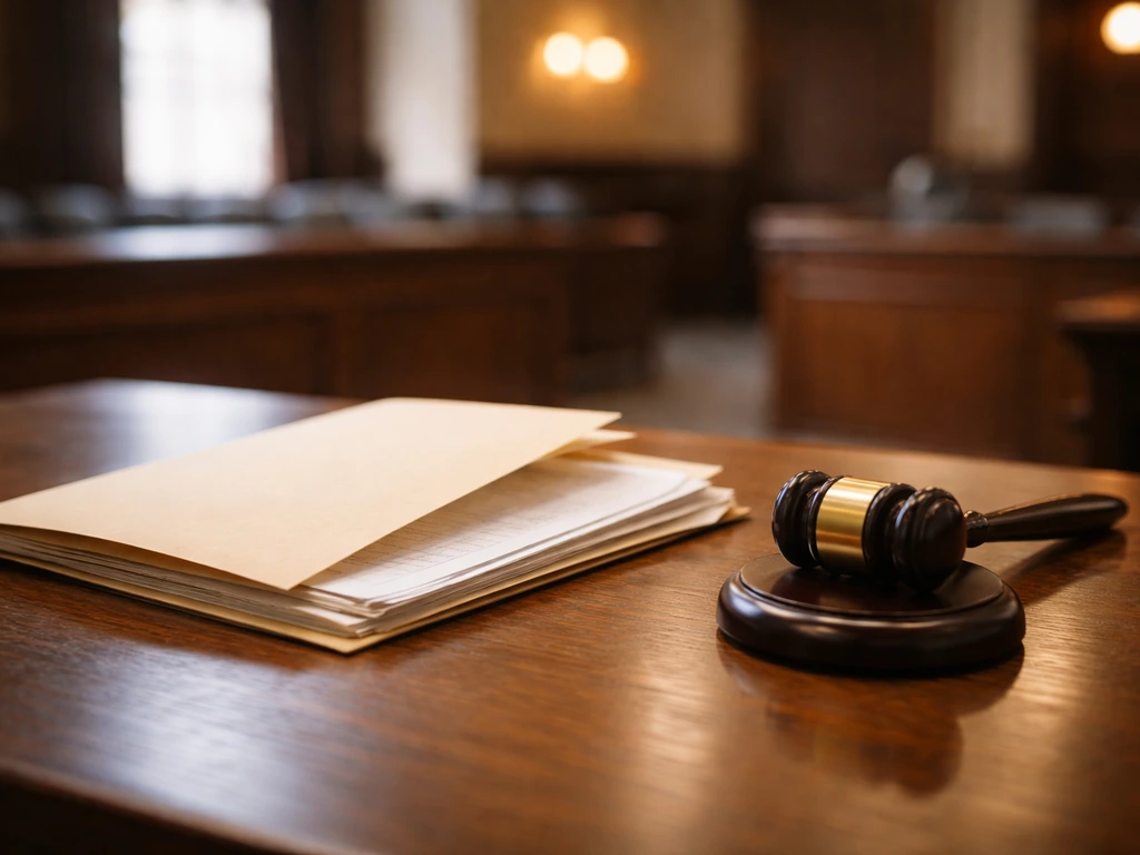 Attorney courtroom desk with an open case file folder and a gavel under soft natural light