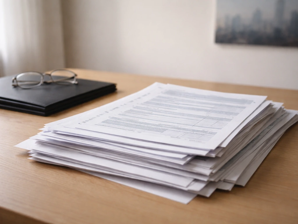 Stack of public financial disclosure forms and property record printouts arranged neatly on a desk