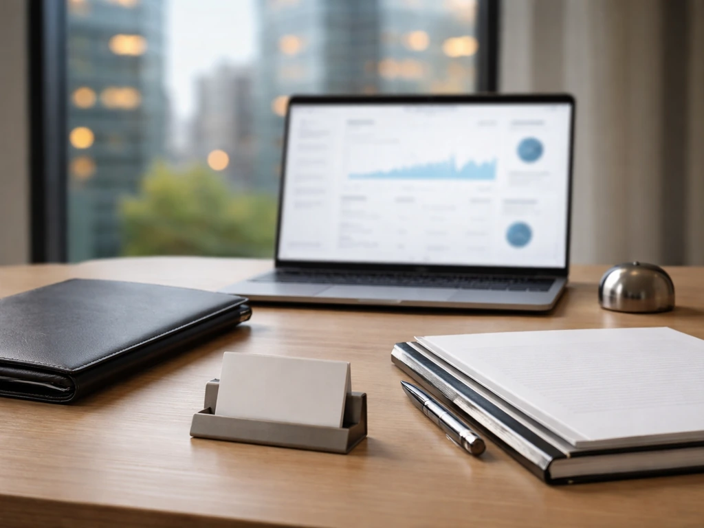 Minimal finance desk with blurred laptop and blank business materials, symbolizing business-investor identity checks.